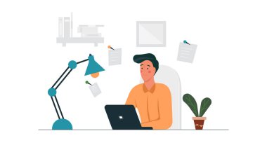 İş adamı konsept vektör illüstrasyonunu bilgisayarla telekomünikasyon yapmak. Bilgisayar teknolojisi uzaktan kumanda ile çalışıyor. Sandalyeli, çevrimiçi serbest ağ masa başı işyeri. Oturma mesafesinde