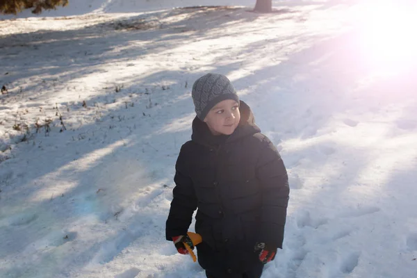 Liten pojke promenader i vinter skog — Stockfoto