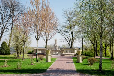 Kamu parki yeşil ile sahnede güzel park çim alan, taş yolları ve banklar, yeşil ağaçlar, peyzaj tasarımı