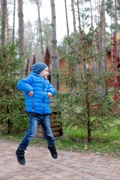 Söt Liten Pojke Blå Vinterkläder Promenader Parken Mellan Gröna Granar — Stockfoto