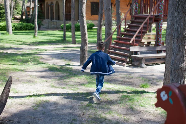 Söt Liten Pojke Kläder Som Kör Mellan Träden Grön Park — Stockfoto