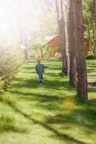 Söt Liten Pojke Kläder Som Kör Mellan Träden Grön Park — Stockfoto