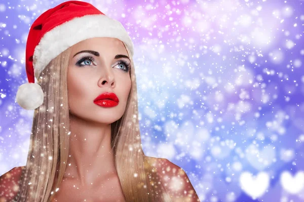 Зимові Краси Жінки Жінка Санта Клауса Капелюх Над Різдвяне Свято — стокове фото