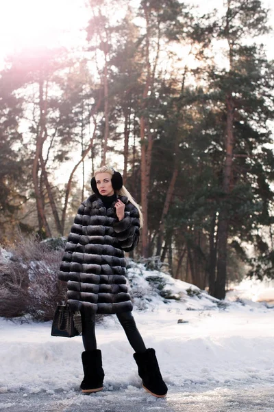 Winter Girl Luxury Fur Coat Early Morning Outdoors Girl Fashion — Stock Photo, Image