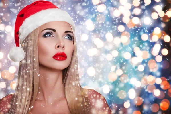 Зимові Краси Жінки Жінка Санта Клауса Капелюх Над Різдвяне Свято — стокове фото