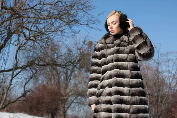 朝アウトドア ガールの早い段階で 高級毛皮のコートで冬の女の子 ファッション毛皮 ゴージャスな髪と化粧でエレガントな若い女性 — ストック写真