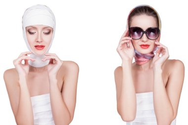 Güzel kadın bir çerçevede, bandaj kafasından ikinci bandaj ile dış görev kadın seyir güneş gözlüğü üzerinde bir iki kadeh. Plastik cerrahi sonra ünlü yüz büyük siyah gözlük altında gizleme