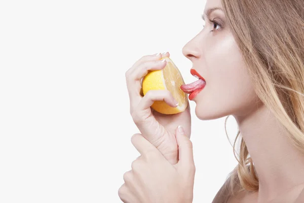 Sexy Playful Young Woman Half Lemon Hands Woman Licking Language — Stock Photo, Image