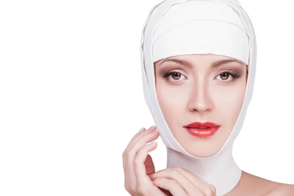 Beautiful Young Woman Bandages Her Head Beautiful Face Make Lovely — Stock Photo, Image