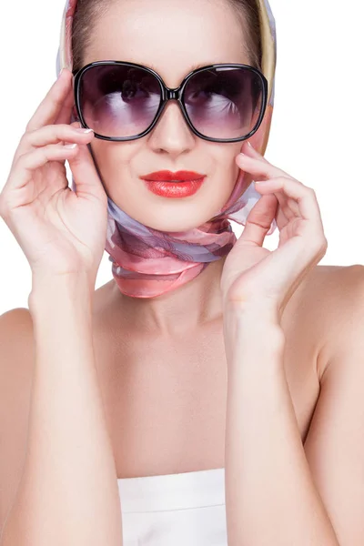 Preciosa Mujer Joven Con Piel Perfecta Gafas Sol Sobre Fondo —  Fotos de Stock