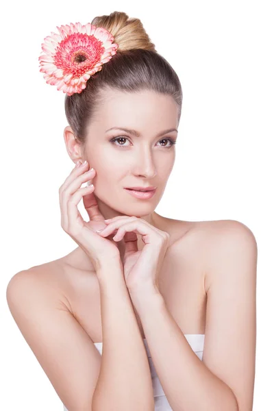 Elegante Joven Aspecto Europeo Con Flor Rosa Pelo Mujer Con —  Fotos de Stock