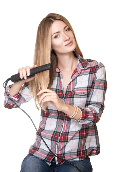 Studio Shot Beauty Young Woman Wearing Checkered Shirt Straightening Hair — Stock Photo, Image