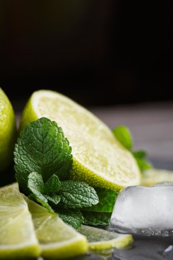 Taze limon, nane ve buz küpleri. Koyu arka plan