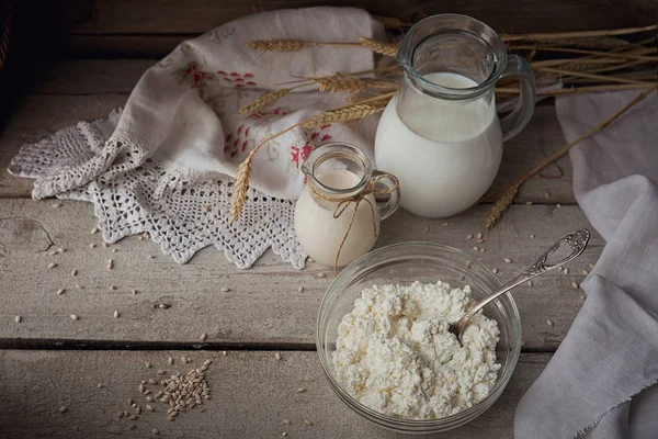 Fresh dairy products: milk, cottage cheese, sour cream and wheat