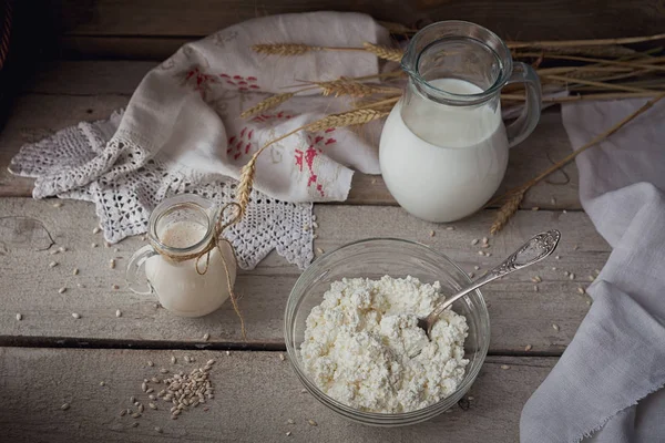 Fresh dairy products. Milk, cottage cheese, sour cream and wheat