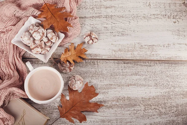 Bodegón de otoño con taza de cacao y galletas de chocolate — Foto de Stock