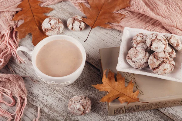 Autumn still life with cup of cocoa and chocolate cookies — Stock Photo, Image