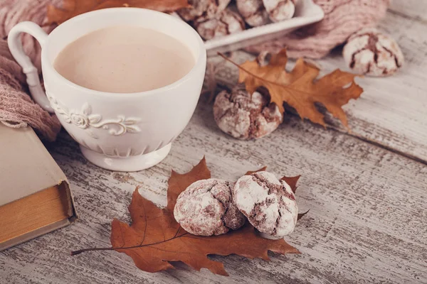 Φθινόπωρο νεκρή φύση με φλιτζάνι κακάο και σοκολάτα μπισκότα — Φωτογραφία Αρχείου