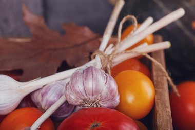 Ahşap kutusunda tablo taze sebze