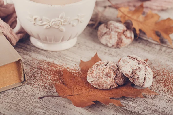 Autumn still life with cup of cocoa and chocolate cookies — Stock Photo, Image