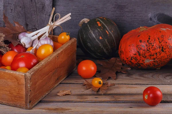 Verduras frescas en caja de madera sobre la mesa — Foto de Stock