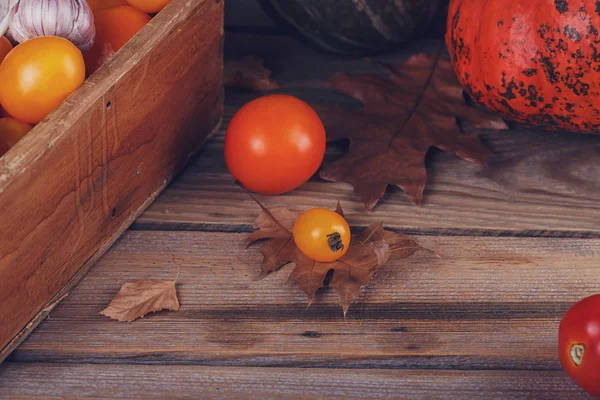 Verduras frescas en caja de madera sobre la mesa — Foto de Stock