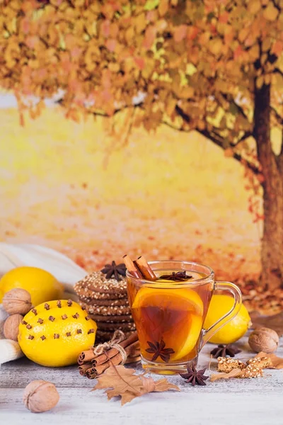 Осенний горячий чай с лимоном в стеклянной чашке . — стоковое фото