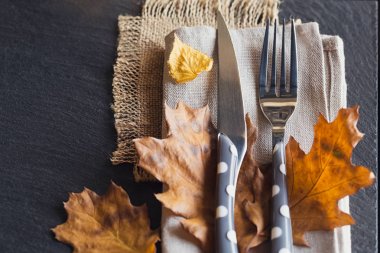 Şükran günü için sonbahar dekorasyonu ile Tablo ayarı.