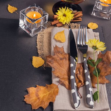 Şükran günü için sonbahar dekorasyonu ile Tablo ayarı.