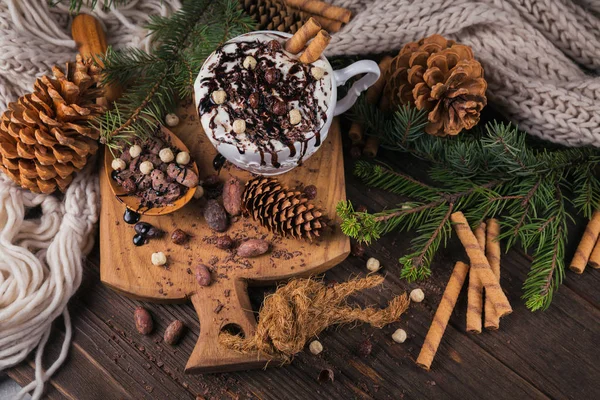 Christmas or New Year composition with hot chocolate or cocoa dr