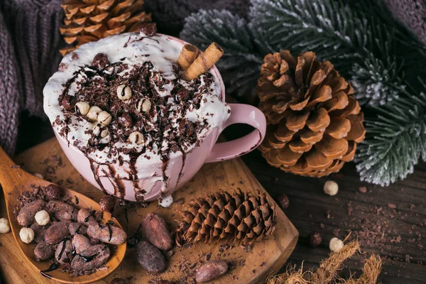Christmas or New Year composition with hot chocolate or cocoa dr