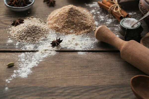 Ingredients for cooking bread or cookies: bran, flour and spices
