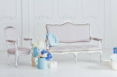 Işık vintage tarzı kanepe ve koltuk ve kutuları çiçek