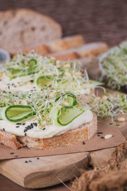 Sağlıklı vejetaryen bruschettas ekmek, mikro Yeşiller, humus,