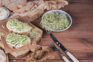 Sağlıklı vejetaryen bruschettas ekmek, mikro Yeşiller, humus,