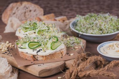 Sağlıklı vejetaryen bruschettas ekmek, mikro Yeşiller, humus,