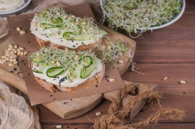 Sağlıklı vejetaryen bruschettas ekmek, mikro Yeşiller, humus,