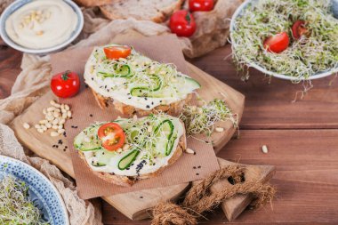 Sağlıklı vejetaryen bruschettas ekmek, mikro Yeşiller, humus,