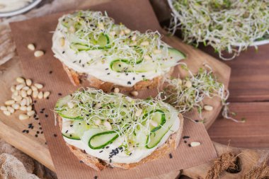 Sağlıklı vejetaryen bruschettas ekmek, mikro Yeşiller, humus,