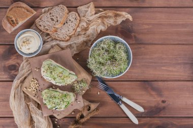 Sağlıklı vejetaryen bruschettas ekmek, mikro Yeşiller, humus,