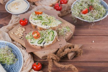 Sağlıklı vejetaryen bruschettas ekmek, mikro Yeşiller, humus,