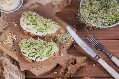 Sağlıklı vejetaryen bruschettas ekmek, mikro Yeşiller, humus,