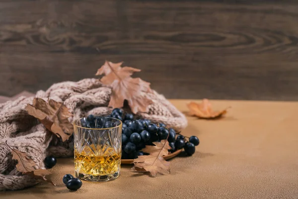 Um copo de uísque ou bourbon, especiarias e decoração em bac escuro — Fotografia de Stock