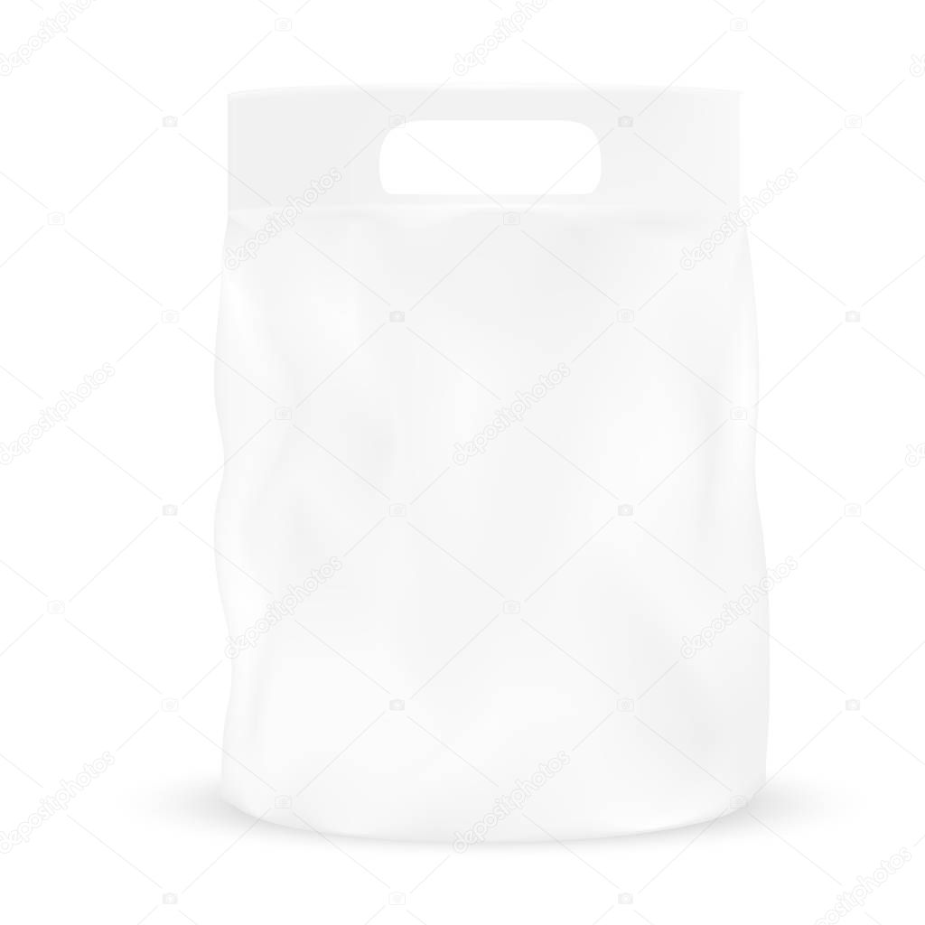 White gray packaging pocket snack bag with hole to handle