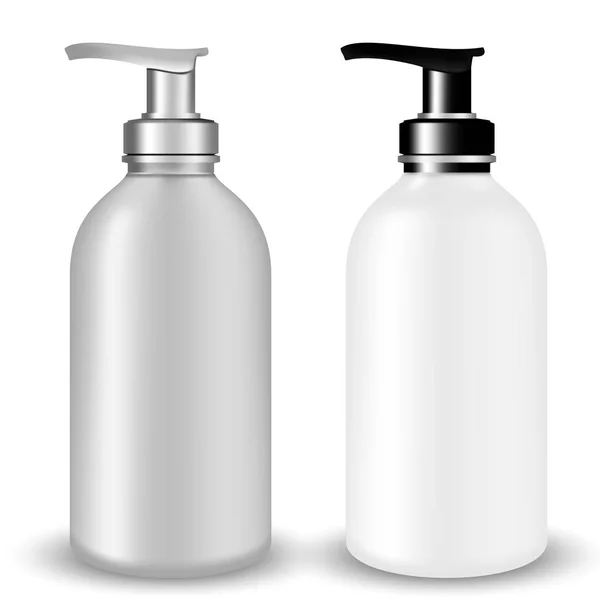 Zbiór szaro i białe plastikowe butelki kosmetyczne kosmetyki z pokrywką czarne i srebrne pompy — Wektor stockowy