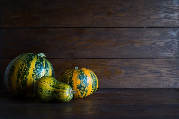 Pumpkins of different sizes and different colors on a brown background. — Stock Photo, Image