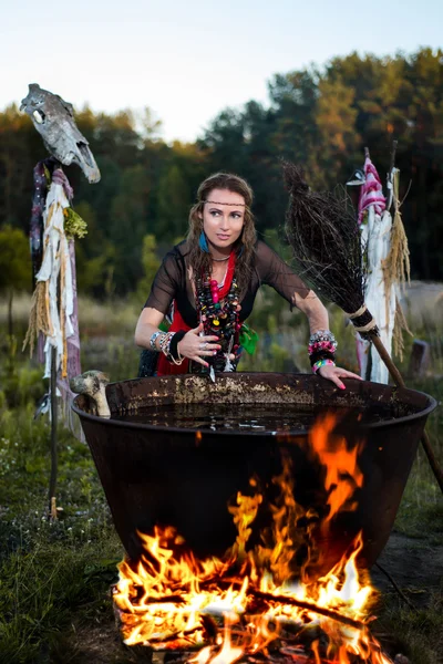 Witch brew a potion in the big cauldron — Stock Photo, Image
