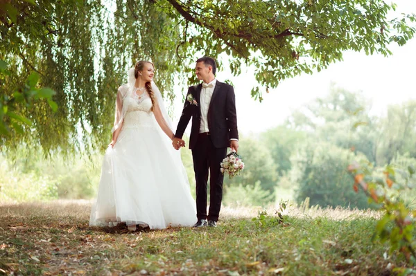 Noiva e noivo na caminhada — Fotografia de Stock