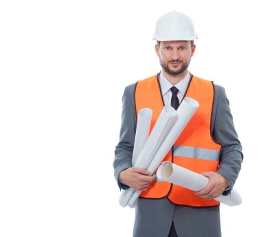 Turuncu yelek holding mimar planları çizimi kağıt.