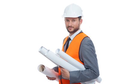 Birçok çizim planları binaların tutan genç mimar.